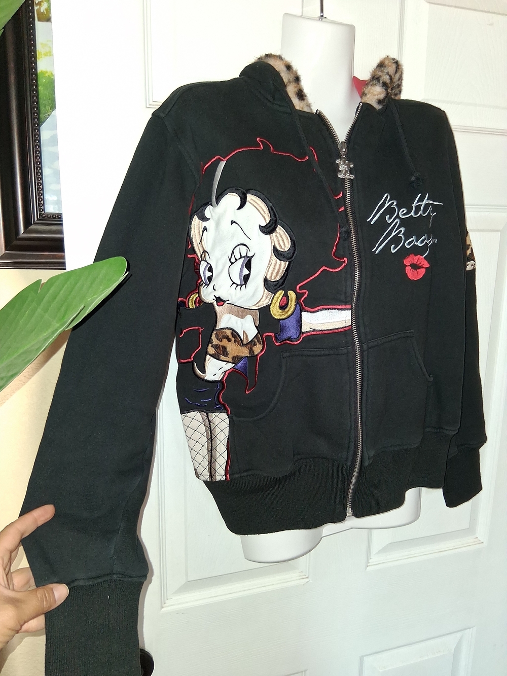 Vintage 2007 JH Design Betty Boop Full Zip Hoodie Leopard Trim Y2K Size Large